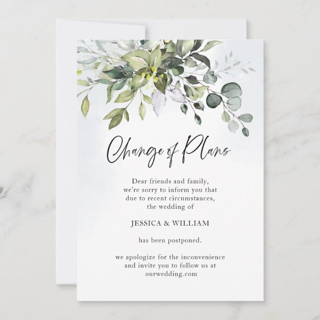 Invitación Cambio De Planes Posposición Boda De Moda Eucalypt (Anverso)