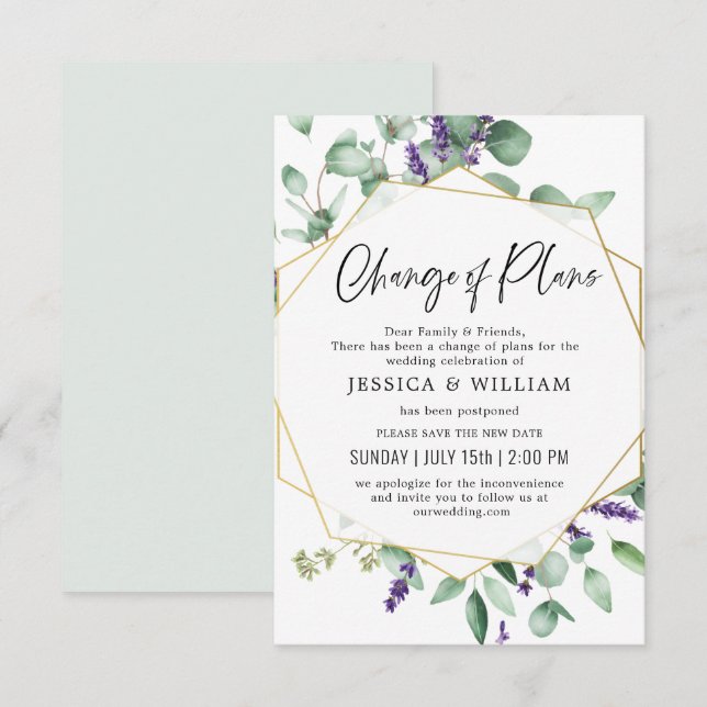 Invitación Cambio De Planes Pospuestos Eucalipto Lavanda (Anverso / Reverso)