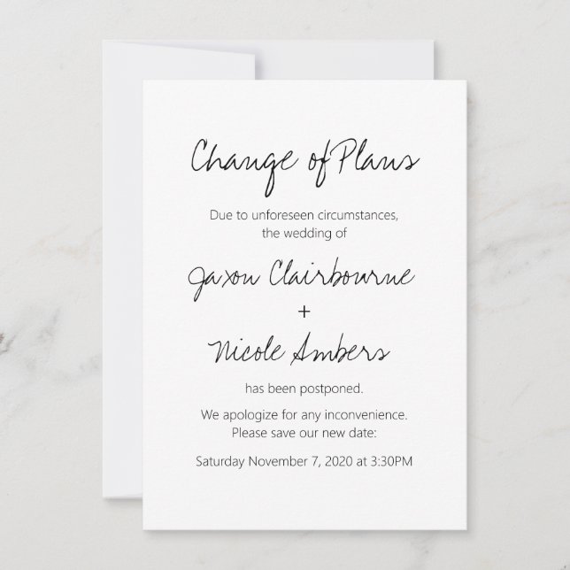 Invitación Cambio de planes Reprogramar Boda o evento fotográ (Anverso)