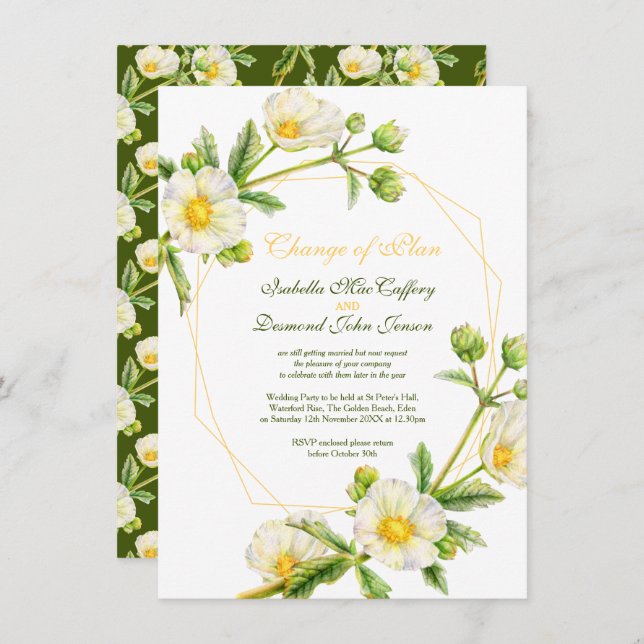 Invitación Cambio de planes Rosa acuarela boda verde blanca (Anverso / Reverso)