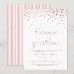Invitación Cambio de planes Rose Gold Foil Confeti Pospuesto