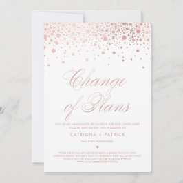 Invitación Cambio de planes Rose Gold Foil Confetti Pospuesto