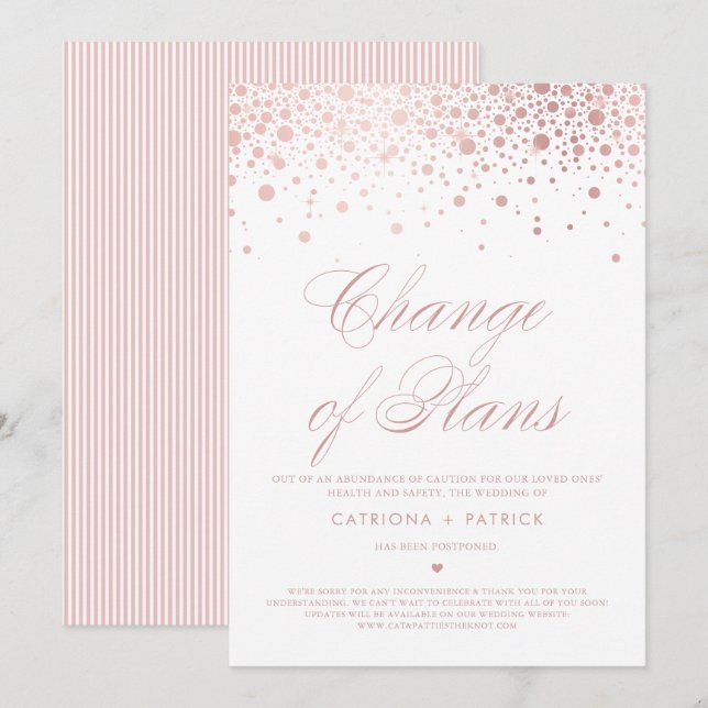 Invitación Cambio de planes Rose Gold Foil Confetti Pospuesto (Anverso / Reverso)