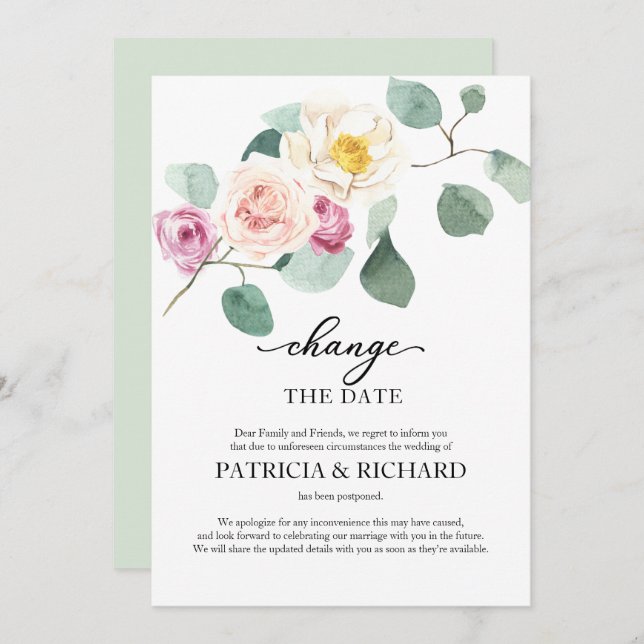 Invitación Cambio En Eucalyptus De Planes Boda Aplazamiento (Anverso / Reverso)