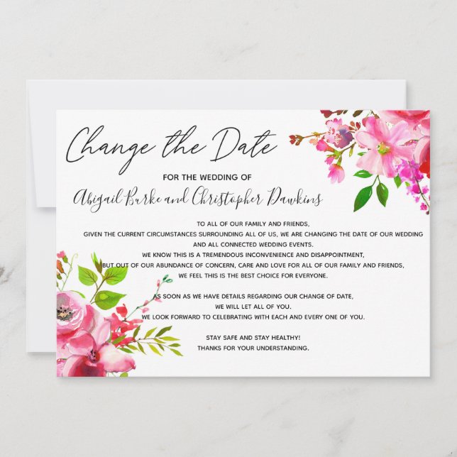 Invitación Cambio floral rosa o retrasar la fecha (Anverso)