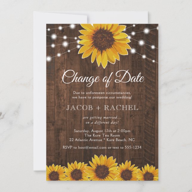 Invitación Cambio rústico de fecha Boda de luces de girasol (Anverso)