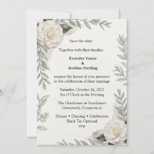 Invitación Camelias Blancas, Ramas de Olivo, Follaje de Acuar