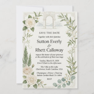 Invitación Camelias Blancas, Ramas de Olivo, Viñeta de Arco d