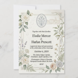 Invitación Camelias neutras, rosas, hortensias, lavanda, hele