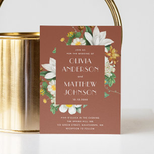 Invitación Camellia vintage. Boda de terracota floral QR