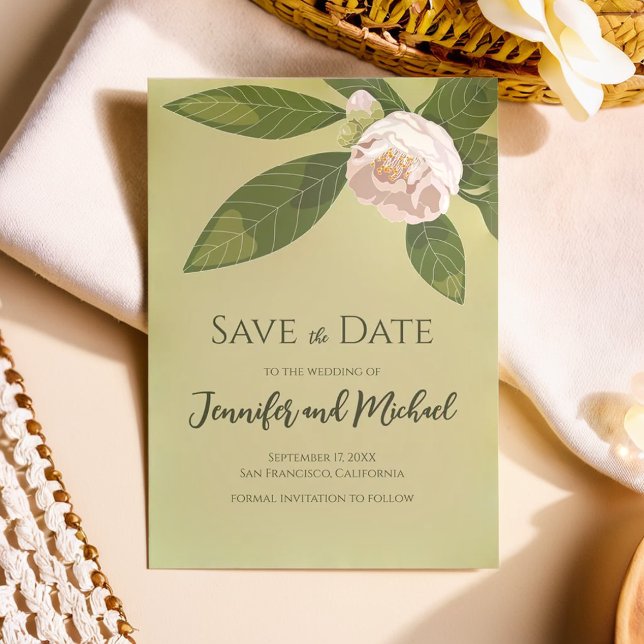 Invitación Camellia y verde simple elegante Guardar la fecha (Camellia and Greenery Simple Elegant Save the Date Invitation)