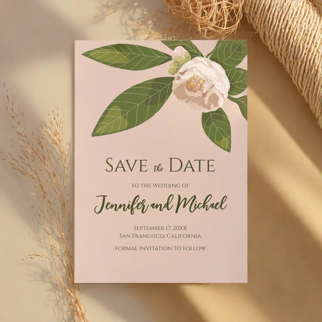 Invitación Camellia y verde simple elegante Guardar la fecha (Camellia and Greenery Simple Elegant Save the Date Invitation)