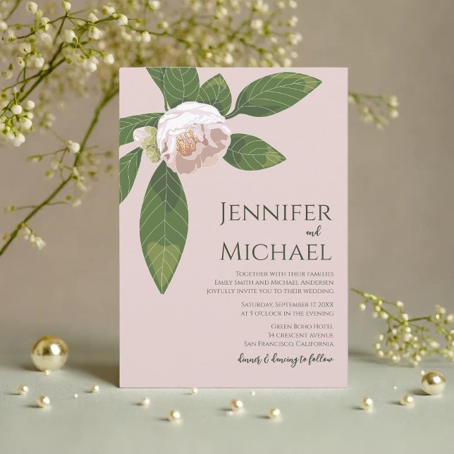 Invitación Camellia y verde simple matrimonio elegante (Camellia and Greenery Simple Elegant Wedding Invitation)