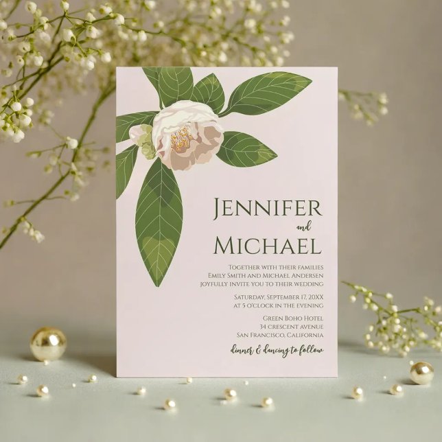 Invitación Camellia y verde simple matrimonio elegante (Camellia and Greenery Simple Elegant Wedding Invitation)