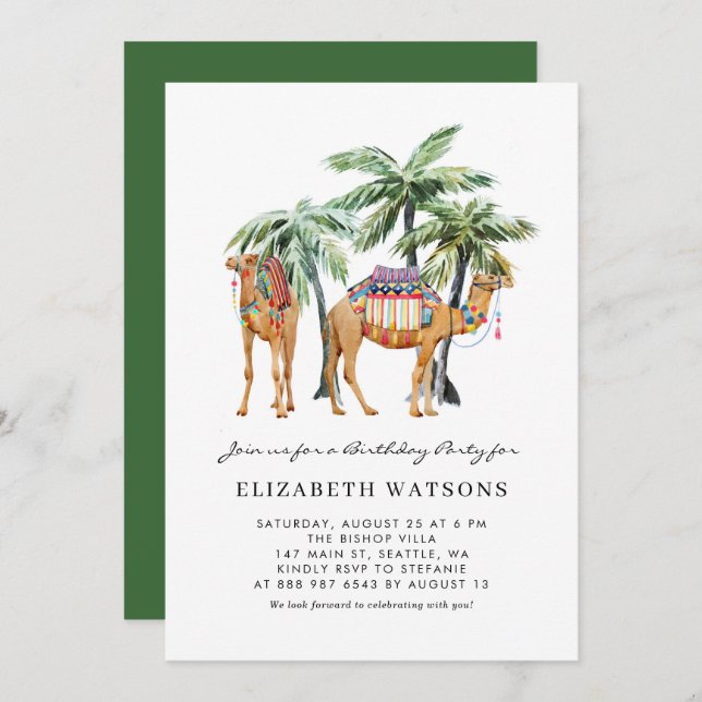 Invitación Camellos acuarelas Palm Trees fiesta de cumpleaños (Anverso / Reverso)