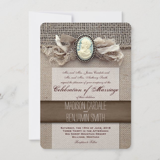 Invitación Cameo Rústico Vintage Brooch Burlap Wedding (Anverso)