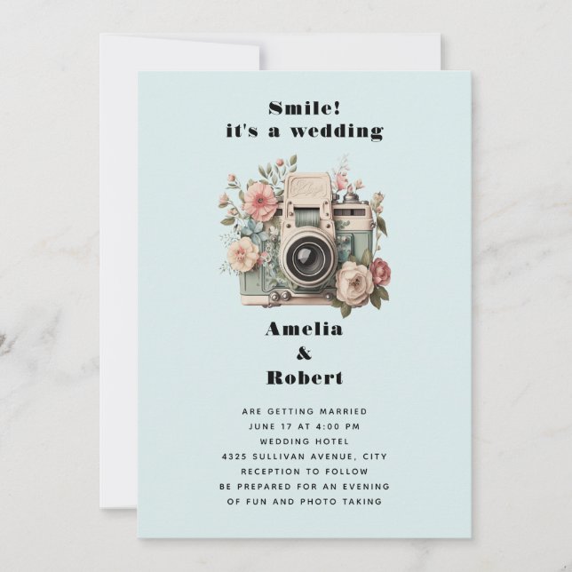 Invitación Camera with Flowers Retro Pastel Image Wedding (Anverso)