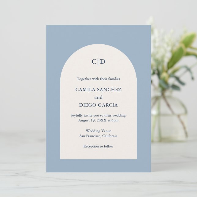 Invitación Camila Dusty Blue Arch Boda moderno (Anverso de pie)