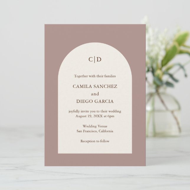 Invitación Camila Taupe Arch Boda moderno (Anverso de pie)