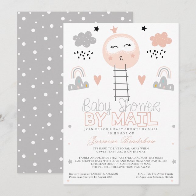 Invitación Camino Baby Shower de larga distancia a la luna (Anverso / Reverso)