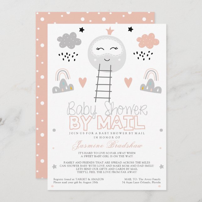 Invitación Camino Baby Shower de larga distancia a la luna (Anverso / Reverso)