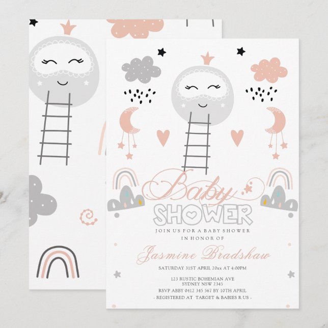 Invitación Camino de Baby Shower a la luna (Anverso / Reverso)