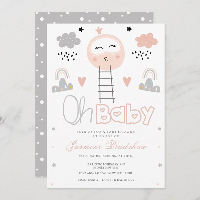 Invitación Camino de Baby Shower a la luna Oh bebé (Anverso / Reverso)