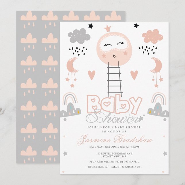 Invitación Camino de Baby Shower al rosa de la luna (Anverso / Reverso)