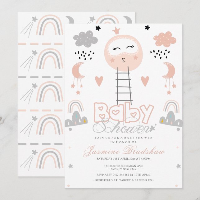 Invitación Camino de Baby Shower al rosa de la luna (Anverso / Reverso)