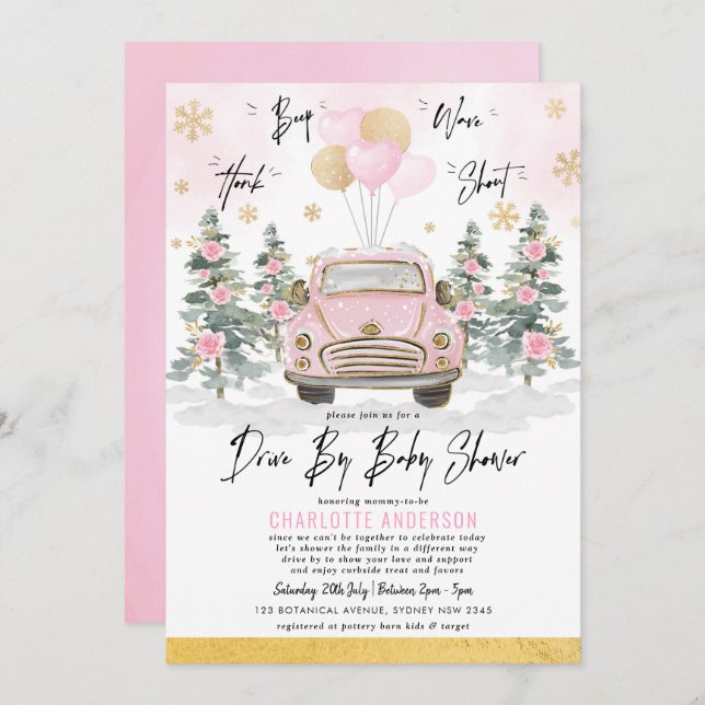 Invitación Camino De Invierno De Baby Shower Pink Gold Floral (Anverso / Reverso)