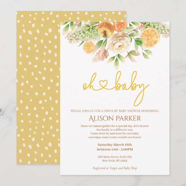Invitación Camino Floral De Citrus De Rosa Amarillo Por Baby  (Anverso / Reverso)