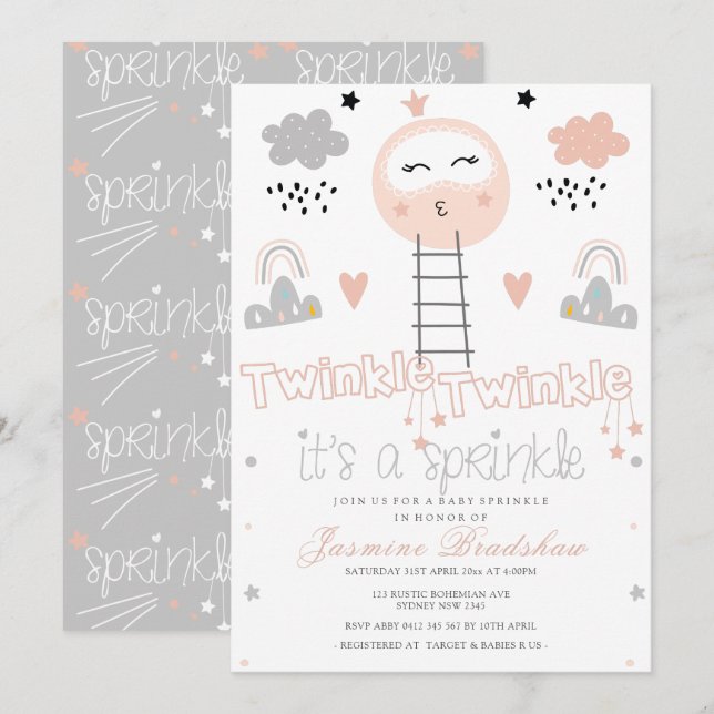 Invitación Camino rociado por el bebé al gris rosa de la luna (Anverso / Reverso)