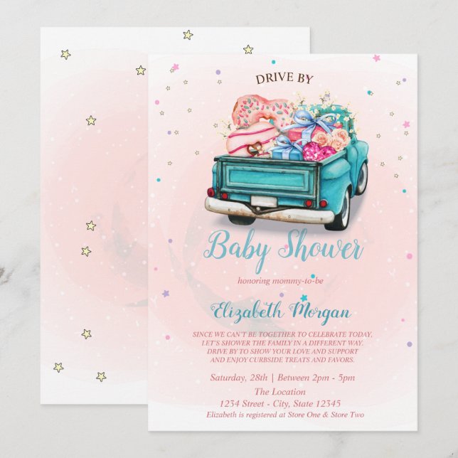 Invitación Camión Acuarela Dulce Manejado Por Baby Shower (Anverso / Reverso)