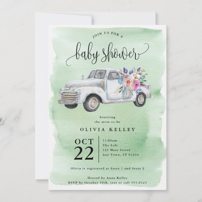 Invitación Camión agrícola con flores, Baby Shower acuarela (Anverso)