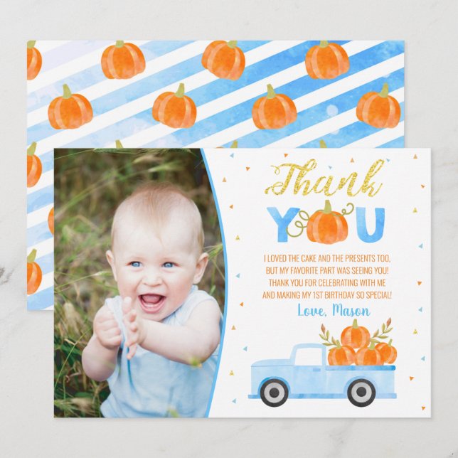 Invitación Camión azul calabaza Cumpleaños Gracias Cartas (Anverso / Reverso)