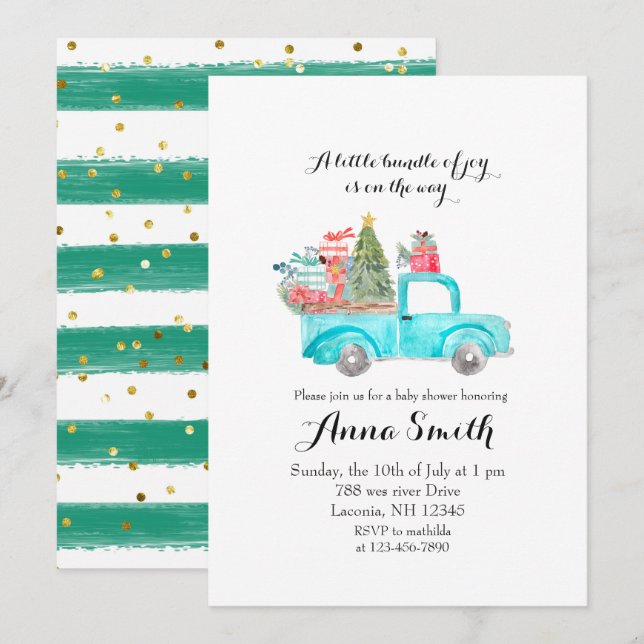 Invitación Camión azul copos de nieve Navidades bebé ducha (Anverso / Reverso)