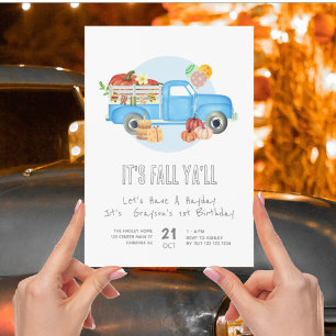 Invitación Camión azul de calabaza de cumpleaños 1 de otoño