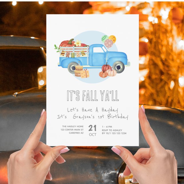 Invitación Camión azul de calabaza de cumpleaños 1 de otoño (Subido por el creador)