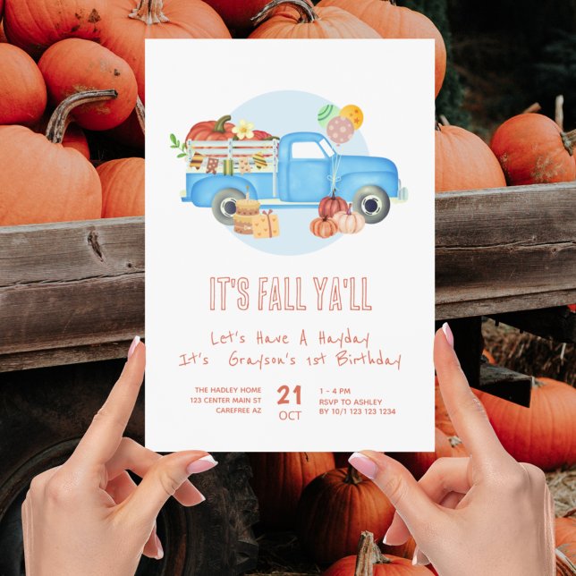 Invitación Camión azul de calabaza de cumpleaños 1 otoño (Subido por el creador)