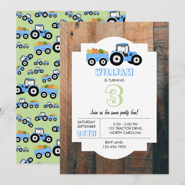 Invitación Camión azul de la granja de producción Cumpleaños (Anverso / Reverso)