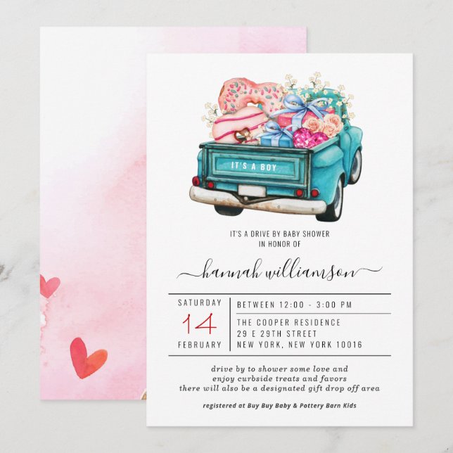 Invitación Camión azul de San Valentín | Baby Shower de unida (Anverso / Reverso)