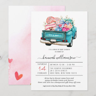 Invitación Camión azul de San Valentín Baby Shower de unida