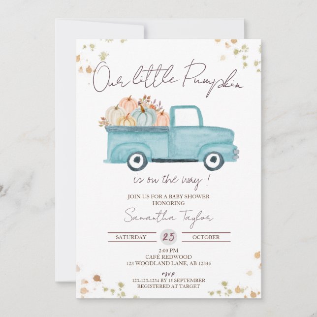 Invitación Camión azul, ducha de bebé, Baby Shower otoño (Anverso)