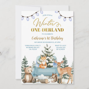 Invitación Camión Azul Invierno Animales One-derland 1er Cump