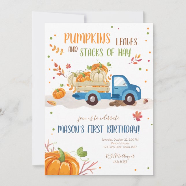 Invitación Camión azul Naranja Green Boy cumpleaños (Anverso)