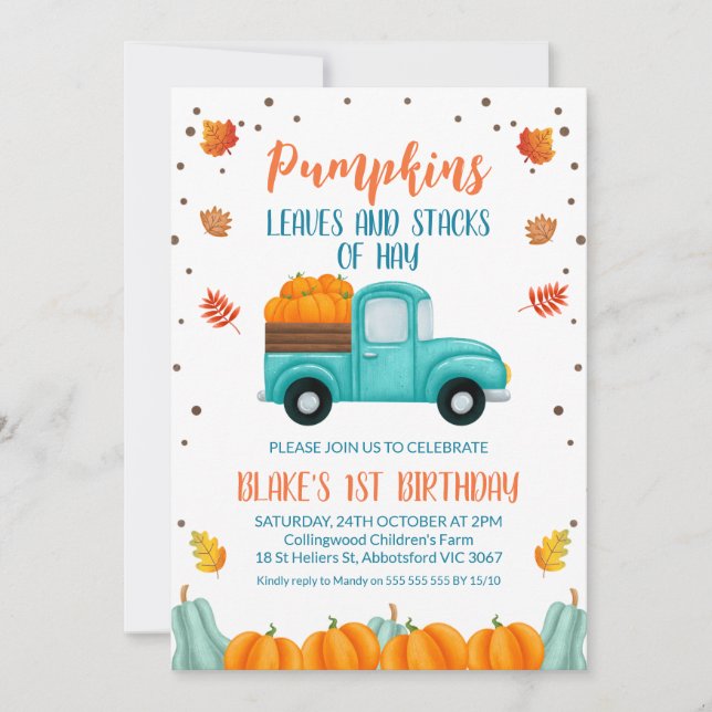 Invitación Camión azul otoño Naranja Calabaza niños cumpleaño (Anverso)