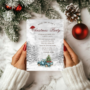 Invitación Camión Azul Pino Árbol Nieve Bosque Navidad