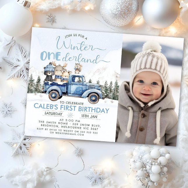Invitación Camión Azul Rústico Cumpleaños Invierno Onederland (Winter Onederland Birthday Invitation, Winter Onederland - 1st Birthday Invitation Template, Blue)