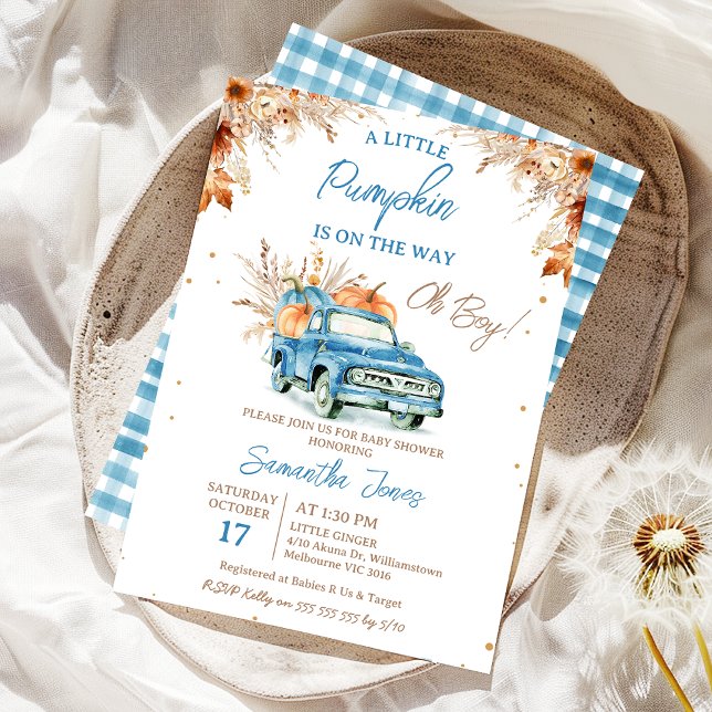 Invitación Camión azul rústico Pequeña Calabaza Baby Shower (Boy Fall Little Pumpkin Baby Shower Invitation, Blue Pumpkin Truck Baby Shower Invite, Brown Foliage)