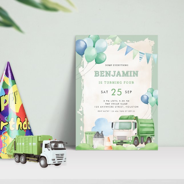 Invitación Camión basura 4 Fiesta de cumpleaños Sage Green (Subido por el creador)